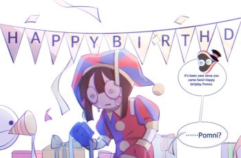 Rule 34 | 1girl, 2boys, birthday, black hair, bubble (the amazing digital circus), caine (the amazing digital circus), crying, crying with eyes open, english text, hat, heterochromia, highres, jester, jester cap, jester costume, multicolored clothes, multiple boys, open mouth, party popper, pomni (the amazing digital circus), ptsd, short hair, simple background, streaming tears, tears, the amazing digital circus, top hat, traumatized, white background, wtf okay d