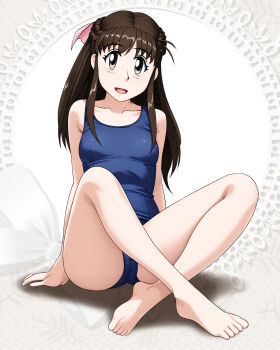 Rule 34 | 1girl, barefoot, blue one-piece swimsuit, braid, breasts, brown eyes, brown hair, collarbone, commentary request, full body, half up braid, half updo, highres, indian style, katsuragi ayane, long hair, looking at viewer, medium breasts, neopure, old school swimsuit, one-piece swimsuit, school swimsuit, sitting, solo, stitting, swimsuit, true love story