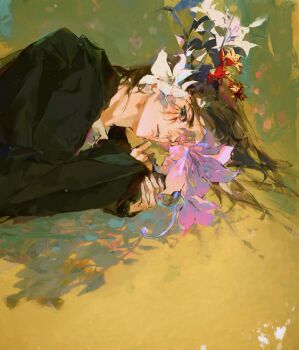 116180koc 1boy black_jacket brown_hair commentary_request eren_yeager facial_mark flower flower_over_eye green_eyes grey_shirt hair_flower hair_ornament highres jacket looking_at_viewer lying male_focus medium_hair on_side parted_bangs parted_lips purple_flower shingeki_no_kyojin shirt solo white_flower