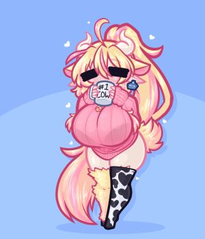 1girl =_= animal_ears bell blonde_hair coffee_mug commentary cow_ears cow_horns cowbell cup drinking ear_tag english_commentary highres hooves horns limebreaker long_hair mug original pink_sweater ponytail short_tail solo sweater tail thighhighs very_long_hair yellow_fur