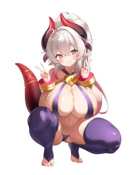 1girl absurdres bikini blush breasts bridal_legwear chain cleavage closed_mouth commentary_request cross-shaped_pupils cuffs double_v dragon_girl dragon_horns dragon_tail full_body grey_hair hair_intakes hands_up heart-shaped_lock high_ponytail highres horns keibeam large_breasts lock long_hair looking_at_viewer multiple_horns nail_polish navel original padlock padlocked_collar pointy_ears ponytail purple_bikini red_eyes red_horns red_nails shiny_skin simple_background skindentation smile solo squatting stirrup_legwear swimsuit symbol-shaped_pupils tail toeless_legwear toenail_polish toenails toes v white_background