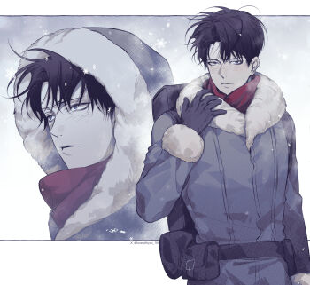 1boy alternate_costume black_gloves black_hair blush closed_mouth commentary floating_hair fur-trimmed_jacket fur_trim gloves highres jacket levi_(shingeki_no_kyojin) looking_at_another lovewithyou_159 male_focus multiple_views red_scarf scarf shingeki_no_kyojin short_hair snowing symbol-only_commentary twitter_username