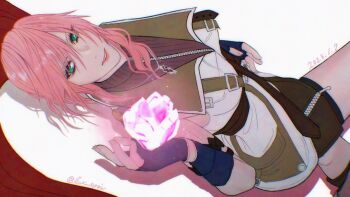 1girl blue_gloves breasts brown_sweater cape commentary cowboy_shot dated final_fantasy final_fantasy_xiii fingerless_gloves gloves green_eyes hair_between_eyes lightning_farron long_hair looking_at_viewer lux_spei medium_breasts parted_lips pink_hair red_cape sleeveless sleeveless_turtleneck smile solo sweater symbol-only_commentary turtleneck upper_body vest wavy_hair white_background white_vest