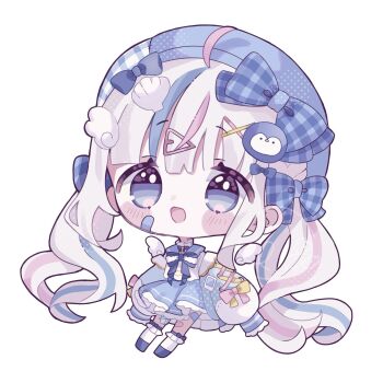 1girl :d ahoge artist_self-insert bandaid bandaid_on_face beret blue_bow blue_eyes blue_hair blue_hat blue_skirt blush bow chibi commentary_request full_body grey_hair hair_bow hair_ornament hat highres indie_virtual_youtuber long_hair long_sleeves looking_at_viewer open_mouth pink_hair sango_(35sangosan) sango_(35sangosan)_(vtuber) shell shell_hair_ornament simple_background skirt smile solo standing twintails very_long_hair virtual_youtuber white_background white_wings wing_hair_ornament wings