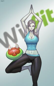 1girl absurdres alien bare_arms bare_shoulders barefoot black_pants blue_sports_bra blue_tank_top blurry blurry_background breasts calves capri_pants cleavage closed_mouth collarbone colored_skin commentary creature crop_top danderfull english_commentary fangs feet grey_eyes grey_hair highres large_breasts leg_up long_hair looking_at_viewer medium_breasts metroid metroid_(creature) midriff monster navel nintendo no_bra pants ponytail shirt solo sports_bra standing standing_on_one_leg tank_top text_background upside-down white_skin wii_fit wii_fit_trainer_(female) workout_clothes yoga yoga_pants