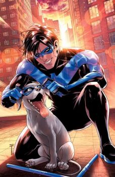 1boy animal batman_(series) baton_(weapon) black_bodysuit black_hair blue_bodysuit bodysuit building city dc_comics dick_grayson dog domino_mask eye_mask holding holding_mask male_focus mask multicolored_bodysuit muscular muscular_male nightwing outdoors sergacuna short_hair smile sunlight sunset superhero_costume teeth two-tone_bodysuit weapon