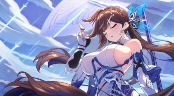 1girl absurdres bare_shoulders braid breasts brown_hair closed_eyes commentary_request crown_braid earrings elbow_gloves fingerless_gloves gloves hair_ornament highres honkai_(series) honkai_impact_3rd jewelry kuji-in large_breasts li_sushang li_sushang_(jade_knight) long_hair multicolored_hair open_mouth phantom_racher sideboob solo streaked_hair twintails upper_body white_gloves