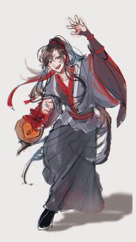 Rule 34 | 1boy, absurdres, alcohol, arm up, black boots, black eyes, black hair, black hanfu, black sash, blush, boots, brown hair, chinese clothes, commentary request, full body, hair ribbon, hamuchanus 2, hand up, hanfu, highres, holding jug, jug (bottle), liquor, long hair, long sleeves, looking at viewer, male focus, modao zushi, open mouth, ponytail, red ribbon, red sash, ribbon, robe, sash, shadow, sidelocks, simple background, sketch, sleeves past wrists, smile, solo, standing, standing on one leg, very long hair, waving, wei wuxian, white background, wide sleeves