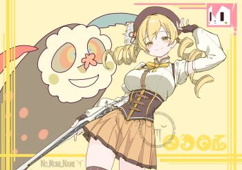 Rule 34 | 1977 oj3, 1girl, breasts, charlotte (madoka magica), commentary request, gun, highres, holding, holding weapon, large breasts, mahou shoujo madoka magica, mahou shoujo madoka magica (anime), mahou shoujo madoka magica movie 1 &amp; 2, rifle, ringlets, smile, solo, tomoe mami, tomoe mami (magical girl), twintails, upper body, weapon