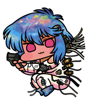 1girl bodysuit ghost_in_the_shell gun holding holding_gun holding_weapon jazz_jack kusanagi_motoko looking_at_viewer red_eyes short_hair simple_background smile solo weapon white_background white_bodysuit wide_face