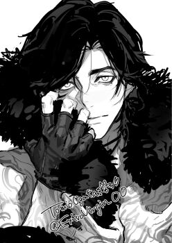 Rule 34 | 1boy, arm tattoo, artist name, chest tattoo, closed mouth, devil may cry (series), devil may cry 5, fingerless gloves, gloves, greyscale, hand up, highres, looking at viewer, male focus, monochrome, ogata tomio, short hair, simple background, solo, tattoo, topless male, twitter username, upper body, v (devil may cry)