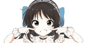 blush bow brown_eyes brown_hair frilled_gloves frills gloves grin hair_bow hairband highres idolmaster idolmaster_cinderella_girls long_hair looking_at_viewer nf_kb sidelocks smile sweat tachibana_arisu white_background