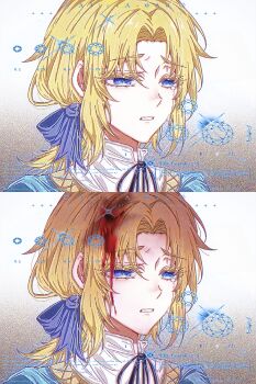 1boy absurdres aged_down axis_powers_hetalia blonde_hair blood blood_on_face blue_eyes child crying france_(hetalia) hair_ribbon highres male_focus medium_hair ribbon solo_focus split_screen watermark yi_dian_ru_yu_ji