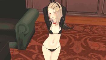 1girl 3d animated arms_behind_head arms_up bikini black_bikini black_shrug blonde_hair blush bow bowtie breasts collar dancing detached_collar edmond embarrassed feet_out_of_frame female_focus gakuen_idolmaster idolmaster indoors koikatsu_(medium) loli long_hair looking_at_viewer looping_animation matching_hair/eyes navel open_mouth red_bow red_bowtie shinosawa_hiro shrug_(clothing) small_breasts solo standing swimsuit tagme video white_collar yellow_eyes