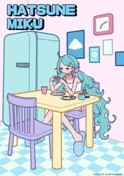 1girl bacon blue_eyes blue_hair blue_slippers bread bread_slice camisole chair character_name checkered_floor clock commentary_request cup dated drinking_glass food fried_egg hair_ornament hairclip half-closed_eyes hatsune_miku highres indoors long_hair low_twintails neki_(wakiko) on_chair pink_shorts plate refrigerator short_shorts shorts slippers solo table twintails twitter_username very_long_hair vocaloid wall_clock white_camisole