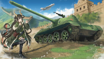 1girl aircraft airplane black_thighhighs blush claw_pose dragon_girl dragon_horns dragon_tail eastern_dragon_horns eastern_dragon_tail fighter_jet great_wall_of_china highres horns karo-chan long_hair military military_vehicle motor_vehicle official_art official_wallpaper open_mouth pointy_ears shenyang_j-7 shorts skindentation smile solo tail tank thigh_strap thighhighs type_59_(tank) very_long_hair war_thunder