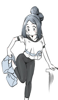 1girl arm_support bettie_(pokemon) closed_mouth collarbone commentary_request eyelashes highres holding knees leg_up leggings light_blush looking_down nintendo parted_bangs pokemon pokemon_masters_ex shirt short_sleeves sidelocks solo u4_99384295 undershirt undressing white_background