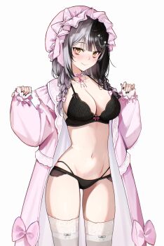 1girl absurdres black_bra black_hair black_nails black_panties blush bow bow_bra bra braid breasts closed_mouth coat commentary cowboy_shot fingernails frills grey_hair hair_bow hair_ornament hands_up hat highres hololive hololive_english jewelry lace lace-trimmed_thighhighs lace_trim large_breasts long_sleeves looking_at_viewer low_twin_braids medium_hair mob_cap multicolored_hair nail_polish navel necklace open_clothes open_coat panties pink_bow pink_coat shiori_novella simple_background sleepwear smile solo split-color_hair star_(symbol) star_hair_ornament stomach streaked_hair string_choker thighhighs twin_braids two-tone_hair underwear untranslatable_commentary virtual_youtuber white_background white_thighhighs yellow_eyes yuzureei