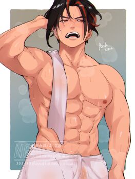 1boy abs anton_ivanov arm_up bara black_hair border breath collarbone commentary_request cowboy_shot hanako_(hanahanako03) highres looking_to_the_side male_focus multicolored_hair naked_towel nipples open_mouth outside_border pectorals penis penis_peek red_eyes solo streaked_hair teeth tongue topless_male towel towel_on_one_shoulder watermark wet wet_hair wet_towel white_border zenless_zone_zero
