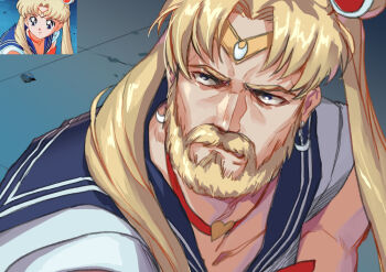 1boy 1girl beard bishoujo_senshi_sailor_moon bishoujo_senshi_sailor_moon_s blonde_hair blue_eyes blue_sailor_collar bow bowtie breasts choker cleavage closed_mouth commentary crescent crescent_earrings crossdressing derivative_work earrings english_commentary facial_hair from_side genderswap genderswap_(ftm) hair_ornament heart heart_choker jewelry kws male_focus manly meme mustache parted_bangs parted_lips red_choker red_neckwear reference_work sailor_collar sailor_moon sailor_moon_redraw_challenge_(meme) school_uniform screenshot_redraw serafuku sweatdrop tiara twintails upper_body