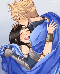 Rule 34 | 1boy, 1girl, bare shoulders, black hair, blonde hair, blue cape, blue jacket, blush, bracelet, cape, circlet, closed eyes, cloud strife, commentary, couple, crown, earrings, english commentary, final fantasy, final fantasy vii, final fantasy vii rebirth, final fantasy vii remake, gradient background, highres, hug, jacket, jewelry, long hair, moonlightff9, official alternate costume, open mouth, princess rosa costume, short hair, smile, spiked hair, stud earrings, teeth, tiara, tifa lockhart, twitter username, upper body, upper teeth only