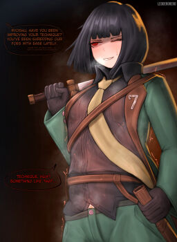 1girl absurdres artist_name black_background black_gloves black_hair bob_cut breasts brown_background collared_shirt english_text gloves green_jacket grin highres holding holding_sheath holding_sword holding_weapon jacket leoderorero limbus_company long_sleeves necktie one_eye_closed pants project_moon red_eyes ringed_eyes ryoshu_(project_moon) seven_association_south_uniform sheath shirt short_hair simple_background small_breasts smile solo speech_bubble steaming_body sweat sword teeth very_sweaty weapon yellow_necktie