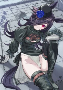 1girl 2b_(nier:automata) 2b_(nier:automata)_(cosplay) absurdres animal_ears black_boots black_dress blue_flower blue_rose boots breasts cleavage_cutout closed_mouth clothing_cutout cosplay dress feather-trimmed_sleeves flipped_hair flower hair_over_one_eye hat hat_flower highleg highleg_leotard highres horse_ears horse_girl horse_tail leotard nier:automata nier_(series) no_blindfold purple_eyes rice_shower_(umamusume) rose small_breasts solo tail tatsumi_yashiro thigh_boots thighhighs thighhighs_under_boots tilted_headwear umamusume white_leotard