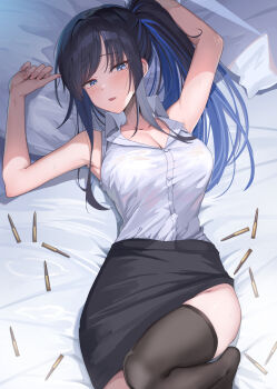1girl :o alternate_costume alternate_hairstyle black_hair black_skirt black_thighhighs blue_archive blue_eyes blue_hair blush breasts bullet cleavage collarbone collared_shirt colored_inner_hair commentary_request highres large_breasts looking_at_viewer lying multicolored_hair on_bed pencil_skirt ponytail saori_(blue_archive) shirt shirt_tucked_in shougun_(chuckni1) skirt sleeveless sleeveless_shirt solo thighhighs white_shirt zettai_ryouiki