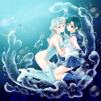 Rule 34 | 2girls, :o, arm grab, bare legs, bare shoulders, beruche (sailor moon), bishoujo senshi sailor moon, bishoujo senshi sailor moon r, blue background, blue boots, blue eyes, blue hair, blue leotard, blue sailor collar, blue skirt, boots, braid, braided bangs, braided ponytail, breast press, breasts, bubble, choker, colored eyelashes, crescent, crescent facial mark, earrings, elbow gloves, facial mark, female focus, finger to mouth, forehead mark, full body, gloves, highleg, highleg leotard, highres, hug, index finger raised, jewelry, knee boots, kneeling, legs, leotard, light blue hair, looking at viewer, magical girl, masaki mitsuki, miniskirt, mizuno ami, multiple girls, neck, open mouth, pleated skirt, sailor collar, sailor mercury, shushing, skirt, sleeveless, smile, stud earrings, thigh boots, thighhighs, tiara, water, yuri