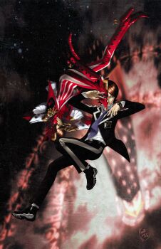 Rule 34 | 1boy, absurdres, apollo (persona 2), brown eyes, brown hair, highres, kazuma kaneko, male focus, mask, necktie, official art, persona, persona (summon), persona 2, persona 2 tsumi, photoshop (medium), purple necktie, school uniform, seven sisters high school uniform, shiraishi megumi (colorist), signature, smile, suou tatsuya, third-party source, watch, wristwatch, yellow eyes