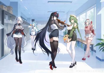 5girls absurdres apron azur_lane black_boots black_garter_straps black_gloves black_hair black_pantyhose black_shoes black_skirt black_thighhighs blue_hair book boots braid breasts cellphone closed_mouth commentary elbing_(azur_lane) elbow_gloves fishnet_thighhighs fishnets floating_hair full_body garter_straps gloves green_hair grey_hair high_heels highres holding holding_book holding_instrument holding_paintbrush holding_phone holding_violin indoors instrument kikimi knee_boots loafers long_hair looking_at_viewer loose_socks multiple_girls neptune_(azur_lane) official_art open_mouth paintbrush pantyhose phone pink_shoes raffaello_(azur_lane) school_uniform seattle_(azur_lane) shoes short_hair sideboob skirt smartphone smile socks socks_over_thighhighs standing strasbourg_(azur_lane) symbol-shaped_pupils thighhighs very_long_hair violin white_apron white_pantyhose white_skirt white_socks white_thighhighs zettai_ryouiki