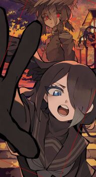 2girls absurdres bird_girl bird_tail bird_wings black_hair blue_eyes elbow_gloves feathered_wings gloves hair_over_one_eye head_wings highres jacket jungle_crow_(kemono_friends) kanmoku-san kemono_friends long_hair looking_at_viewer multiple_girls open_mouth outdoors red_eyes sailor_collar school_uniform sweater tail twilight wings yatagarasu_(kemono_friends)