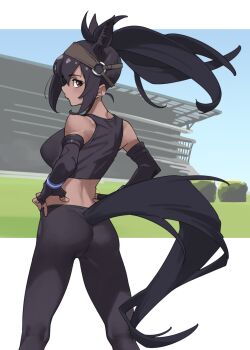 1girl animal_ears ass back bare_shoulders black_hair breasts bridle brown_eyes brown_hair brown_pants brown_shirt brown_thoroughbred_(kemono_friends) closed_mouth clothing_cutout commentary_request cropped_shirt dark-skinned_female dark_skin detached_sleeves extra_ears feet_out_of_frame fingerless_gloves floating_hair from_behind gloves hands_on_own_hips high_ponytail highres horizontal_pupils horse_ears horse_girl horse_tail japan_racing_association kemono_friends legs_apart letterboxed long_hair looking_at_viewer looking_back multicolored_hair pants ponytail shirt sideways_glance sleeveless sleeveless_shirt solo sportswear standing tail tail_through_clothes tanabe_(fueisei) two-tone_hair yoga_pants