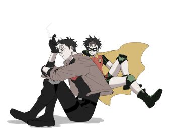 bat_signal batman batman_(series) batman_symbol black_bodysuit black_gloves black_hair bodysuit brown_jacket cape commentary dc_comics gloves grey_bodysuit highres jacket jason_todd male_focus multicolored_bodysuit multicolored_hair multiple_boys muscular muscular_male nageune_1010 open_clothes pants red_hood_(dc) red_hood_and_the_outlaws robin_(dc) short_hair superhero_costume symbol-only_commentary taut_bodysuit two-tone_bodysuit two-tone_hair yellow_cape