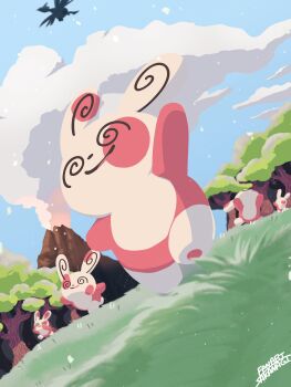 @_@ absurdres beak bird blue_sky dancing flying gen_2_pokemon gen_3_pokemon grass highres nintendo no_humans open_mouth pokemon pokemon_(creature) pokemon_focus sakanagi_(a_r_co) skarmory sky smile smoke spinda spiral-only_eyes tree volcanic_ash volcano