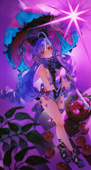 1girl animal_print apple bare_shoulders basket black_bow black_shoes blue_gemstone bow bowtie breasts butterfly_print checkered_floor clothing_cutout commentary_request drill_hair food frilled_one-piece_swimsuit frilled_wrist_cuffs frills from_above fruit fruit_basket gem hair_between_eyes hair_bow heart_cutout highres holding holding_umbrella indol leaf long_hair looking_at_viewer mole mole_under_eye multicolored_umbrella official_alternate_costume one-piece_swimsuit pink_umbrella plant pointy_ears purple_background purple_bow purple_bowtie purple_hair red_eyes see-through_clothes shoes sideboob_cutout solo sparkle stomach_cutout swimsuit thigh_strap two-tone_one-piece_swimsuit umbrella vivian_banshee vivian_banshee_(iris_of_the_shore) wrist_cuffs zenless_zone_zero