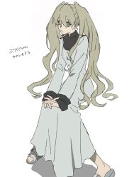 Rule 34 | 1girl, 51amimn, character name, closed mouth, dress, green eyes, highres, interlocked fingers, invisible chair, kekkai sensen, light brown hair, long hair, long sleeves, looking at viewer, own hands together, shadow, shoes, simple background, sitting, solo, twintails, very long hair, white (kekkai sensen), white background, white dress