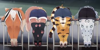 1boy 3girls ass bent_over dagasi furry furry_female highres kohaku-chan_(dagasi) loli momo-chan_(dagasi) multiple_girls original perro-kun_(dagasi) shorts shota tail take_your_pick thighhighs yuki-chan_(dagashi)