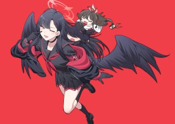 3girls :d ;d absurdres ahoge armband beret black_choker black_gloves black_hair black_hat black_jacket black_sailor_collar black_serafuku black_shirt black_shoes black_skirt black_socks black_wings blue_archive blush burisuke_(koujiro) chibi choker closed_eyes commentary_request faceless faceless_female fang feathered_wings gloves grey_eyes hair_ornament hair_over_eyes hairclip half-closed_eye halo hat highres ichika_(blue_archive) jacket justice_task_force_member_(blue_archive) kasumi_(blue_archive) loafers long_hair long_sleeves looking_at_viewer mini_person minigirl multiple_girls neckerchief off_shoulder one_eye_closed open_clothes open_jacket open_mouth pleated_skirt puffy_long_sleeves puffy_sleeves red_background red_neckerchief safety_pin sailor_collar school_uniform serafuku shirt shoes simple_background skirt smile socks tail unusually_open_eyes v very_long_hair wings