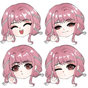 1girl ;o ^_^ aegyo_sal bow brown_eyes chinese_commentary closed_eyes closed_mouth commentary_request dot_nose expressionless eyeshadow fuwei98497 grey_bow grey_ribbon hair_bow hair_intakes hair_ribbon happy head_only highres infinity_nikki looking_at_viewer low_twintails makeup multiple_expressions nikki_(nikki) nikki_(series) one_eye_closed open_mouth parted_lips pink_eyeshadow pink_hair ribbon sidelocks simple_background smile smug teeth tress_ribbon twintails upper_teeth_only variations waving wavy_hair white_background