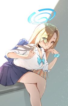 1girl absurdres akiinozomi asuna_(blue_archive) asuna_(school_uniform)_(blue_archive) bag blonde_hair blue_archive blue_bow blue_bowtie blue_eyes blue_halo blue_skirt bow bowtie breasts choker cleavage collarbone commentary_request crossed_legs grin hair_over_one_eye halo highres large_breasts long_hair looking_at_viewer school_bag school_uniform scrunchie shirt sitting skirt sleeves_rolled_up smile solo thighs v very_long_hair white_shirt wrist_scrunchie