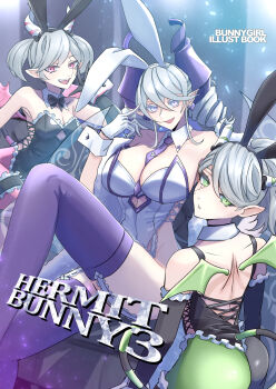 3girls absurdres alternate_costume animal_ears arianna_the_labrynth_servant arianne_the_labrynth_servant bare_shoulders black_leotard breasts commentary_request demon_girl demon_horns demon_tail drill_hair duel_monster fake_animal_ears green_eyes grey_eyes grey_hair group_picture highres horns large_breasts leotard lovely_labrynth_of_the_silver_castle multiple_girls pink_eyes playboy_bunny pointy_ears rabbit_ears shiina_aono strapless strapless_leotard tail twin_drills white_leotard yu-gi-oh!