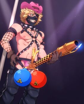 1boy abs bdsm blonde_hair bondage bound bulge collar dead_rising dead_rising_3 dylan_fuentes gloves green_eyes grin harness hat male_focus mask muscular nipples pants pectorals pole short_hair smile solo underwear weapon zilch