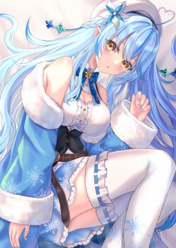 Rule 34 | 1girl, ahoge, bare shoulders, blue bow, blue bowtie, blue coat, blue hair, blush, boots, bow, bowtie, braid, breasts, cleavage, cleavage cutout, clothing cutout, coat, colored tips, commentary request, corset, elf, flower, frilled skirt, frills, fur trim, hair between eyes, hair flower, hair ornament, hat, heart, heart ahoge, highres, hololive, large breasts, long hair, long sleeves, looking at viewer, lying, multicolored hair, nakuri (nakuri 12), off shoulder, on side, open mouth, pointy ears, ribbon, side braid, skirt, sleeves past wrists, snowflake print, solo, thighhighs, very long hair, virtual youtuber, white flower, white hat, white thighhighs, yellow eyes, yukihana lamy, yukihana lamy (1st costume), zettai ryouiki