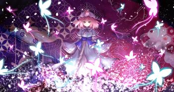 Rule 34 | 1girl, arm garter, arms at sides, blue hat, blue kimono, bug, butterfly, commentary request, furisode, goshoguruma, hat, highres, insect, japanese clothes, kayon (touzoku), kikkoumon, kimono, light particles, light smile, long sleeves, looking at viewer, mob cap, obi, petals, pink eyes, pink hair, saigyouji yuyuko, saigyouji yuyuko's fan design, sash, shippou (pattern), short hair, sleeves past fingers, sleeves past wrists, solo, standing, touhou, triangular headpiece, wide shot
