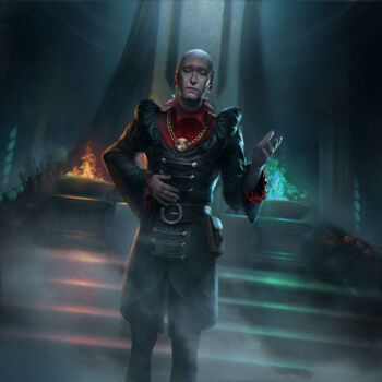 1boy absurdres arm_up balding belt black_belt black_coat black_pants brazier brown_eyes brown_hair coat collar collared_coat commentary cowboy_shot english_commentary expressionless facing_viewer fog gold_necklace hand_on_own_stomach haskill highres jewelry juliet_sleeves long_coat long_sleeves looking_at_viewer male_focus mature_male mushroom necklace nuarestudio official_art open_hand ornate_clothes pants puffy_sleeves red_collar solo stairs standing the_elder_scrolls the_elder_scrolls:_legends the_elder_scrolls_iv:_oblivion throne_room