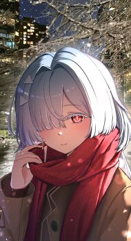 1girl absurdres alternate_costume brown_jacket colored_eyelashes commentary earrings fei_chong grey_hair hair_intakes hair_ornament hair_over_one_eye highres jacket jewelry long_hair looking_at_viewer mornye_(wuthering_waves) red_eyes red_scarf scarf solo triangle_earrings upper_body wuthering_waves