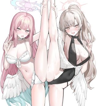 2girls absurdres angel_wings bikini black_one-piece_swimsuit blue_archive blush breasts brown_eyes brown_hair collarbone commentary frilled_bikini frills halo highres long_hair low_wings medium_breasts mika_(blue_archive) mika_(swimsuit)_(blue_archive) multiple_girls nagisa_(blue_archive) nagisa_(swimsuit)_(blue_archive) nephthys2356 one-piece_swimsuit pink_hair ponytail smile split standing standing_on_one_leg standing_split sweat swimsuit symbol-only_commentary w white_bikini wings