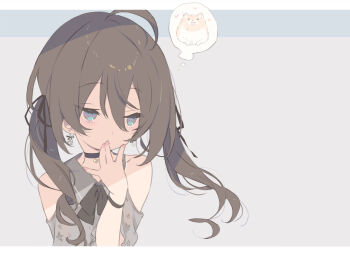 Rule 34 | 1girl, ahoge, bare shoulders, black choker, black ribbon, blade (galaxist), blue eyes, brown hair, choker, closed mouth, clothing cutout, collared shirt, dog, grey background, grey shirt, hair between eyes, hair ribbon, hand to own mouth, hand up, heart, hololive, long hair, nail polish, natsuiro matsuri, natsuiro matsuri (casual), official alternate costume, pink nails, ribbon, shirt, short sleeves, shoulder cutout, solo, spoken animal, twintails, upper body, virtual youtuber