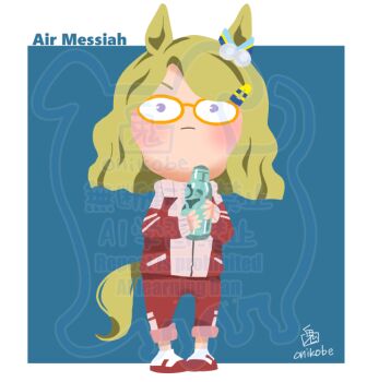 Rule 34 | 1girl, air messiah (umamusume), animal ears, blue background, blush, character name, closed mouth, commentary request, full body, glasses, green hair, hair bobbles, hair ornament, hairclip, horse ears, horse girl, horse tail, jacket, long sleeves, looking at viewer, multicolored jacket, onikobe rin, orange-framed eyewear, pants, purple eyes, red jacket, red pants, red shoes, shoes, short hair, simple background, solo, standing, tail, tracen training uniform, two-tone background, two-tone jacket, umamusume, watermark, white background, white jacket
